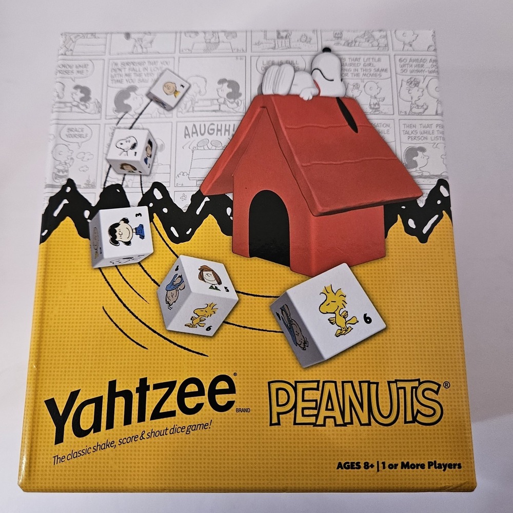 Yatzee Peanuts Ed.. game feat. a custom Snoopy doghouse dice cup and Theme Dice